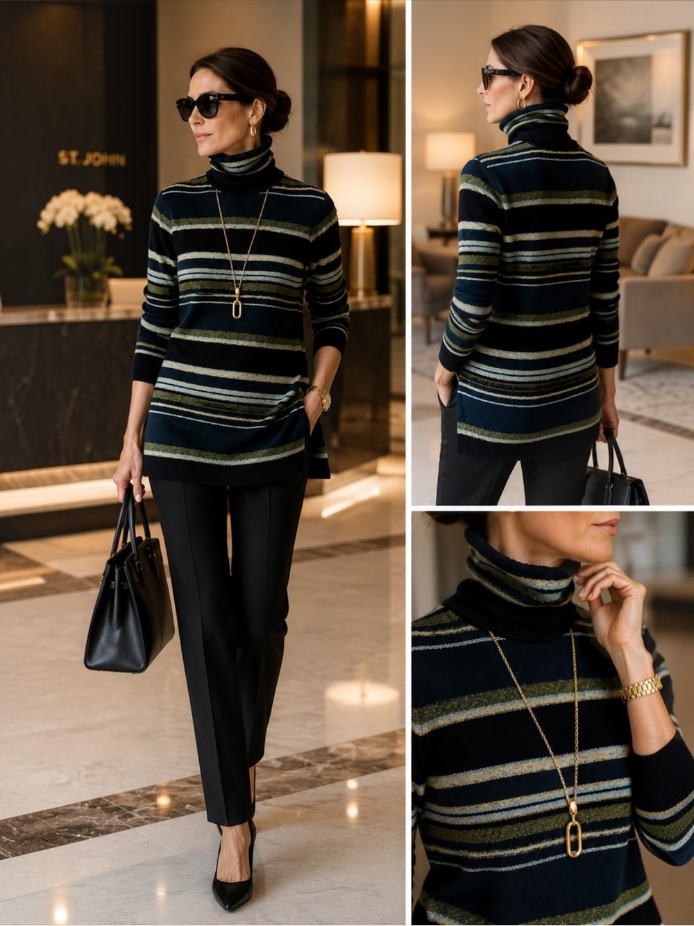 St. John Sport Wool Blend Bouclé Striped Turtleneck Tunic Sweater | Quiet Luxury